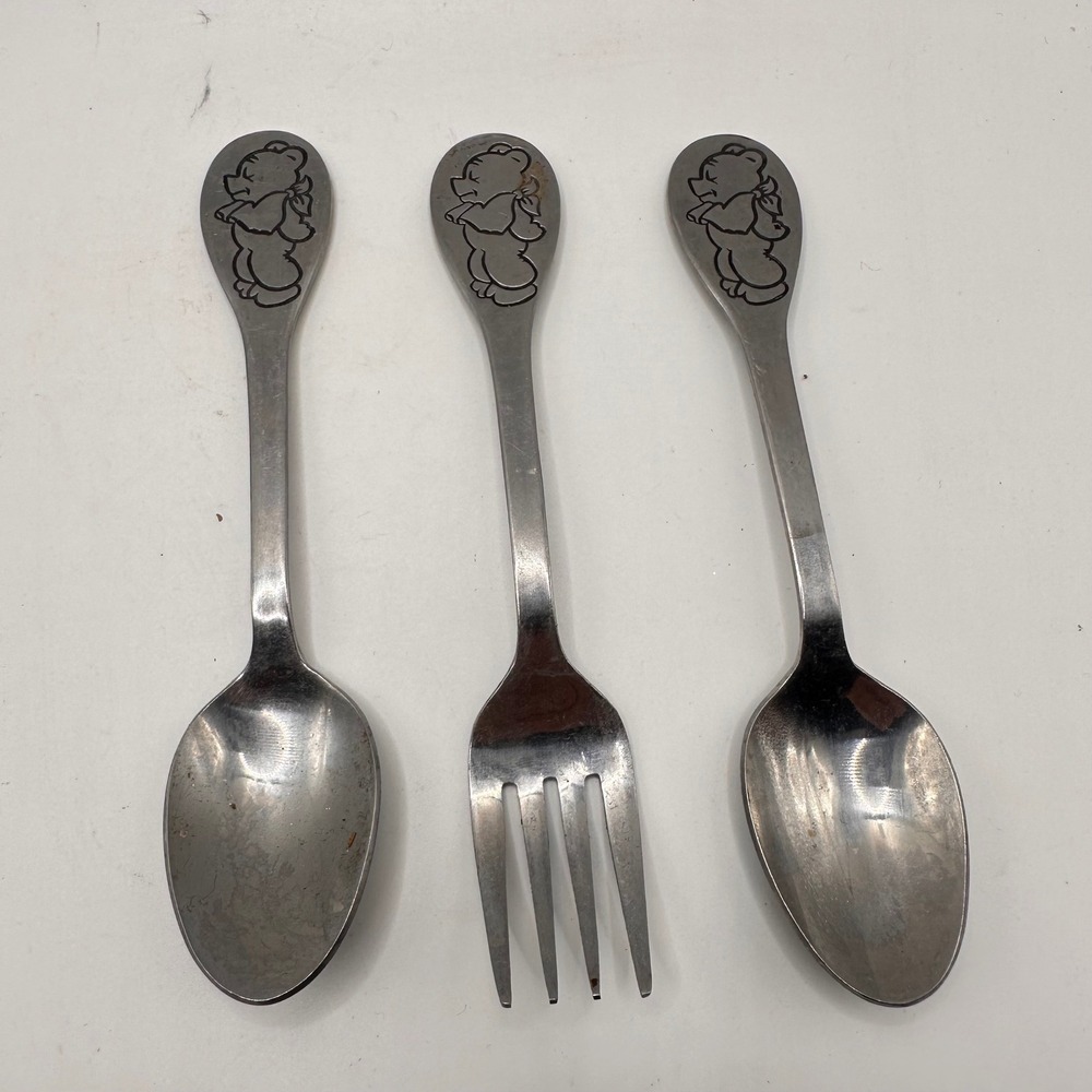 Vintage Tommee Tippee Korea Stainless Steel Baby Fork Spoon Teddy Bear 3 Piece